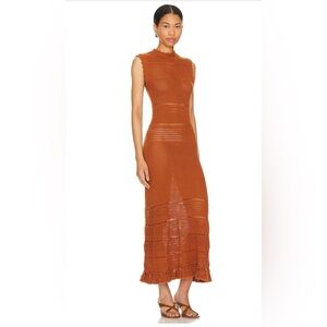 NWT MISA Amanda Crochet Dress in Canyon Sz S Fringe Hem Rust Dark Caramel Color